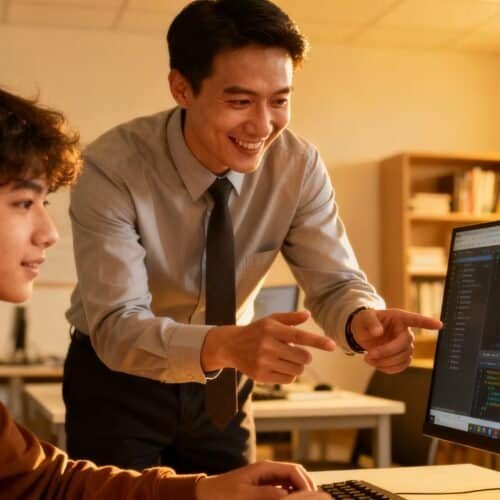 Innovative teacher guiding a student in programming at computer lab, fostering coding skills with engaging classroom interaction in a modern educational environment.