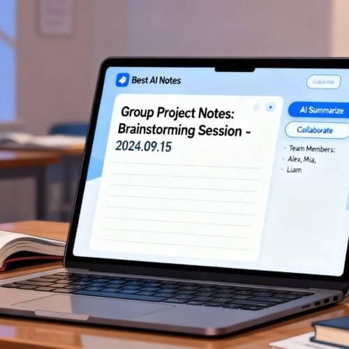 1. AI digital note-taking app on laptop screen for team project brainstorming with features like collaboration and summarization.