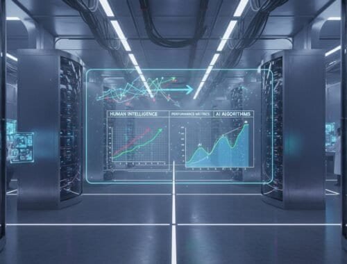 A futuristic server room with digital data graphs, charts, and AI performance metrics displayed holographically, emphasizing advanced web and data tools.