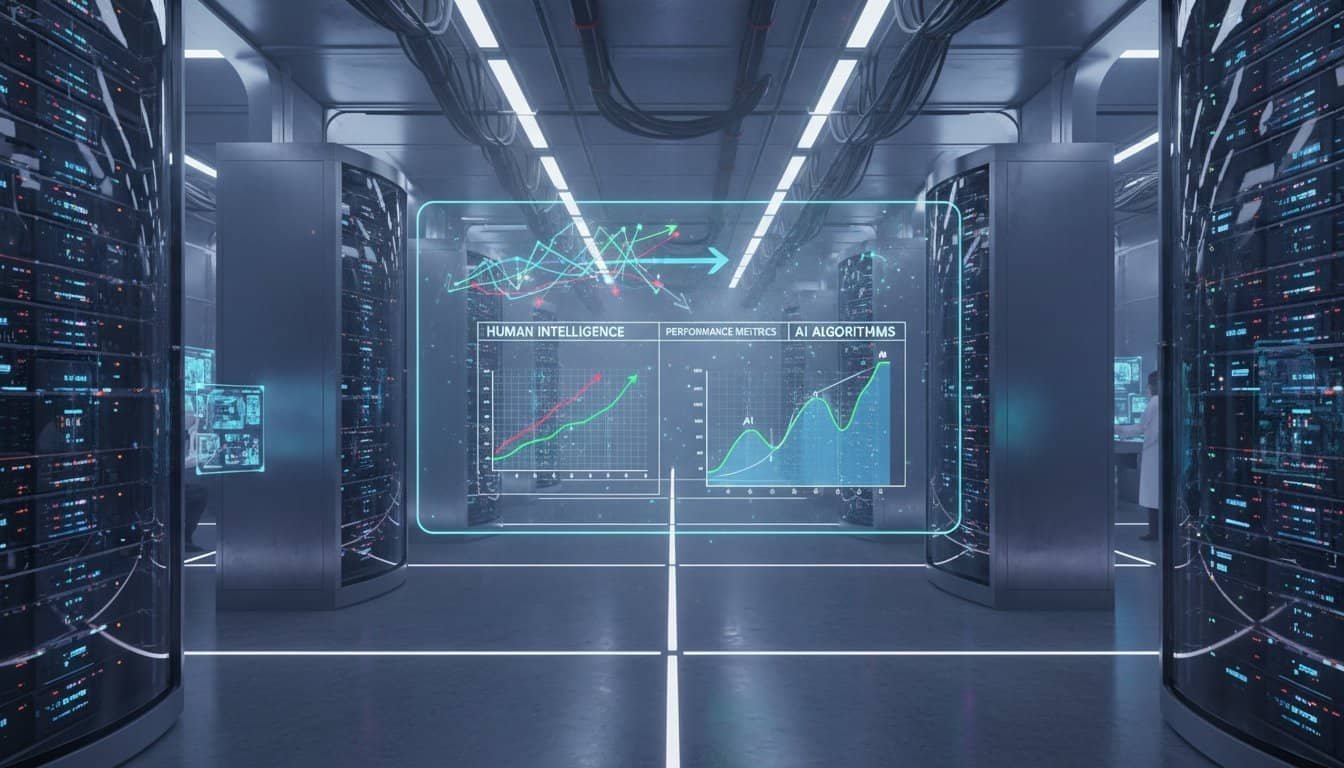 A futuristic server room with digital data graphs, charts, and AI performance metrics displayed holographically, emphasizing advanced web and data tools.