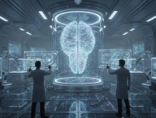 High-tech scientists analyze virtual brain hologram in advanced laboratory setting for neuroscience or AI research.