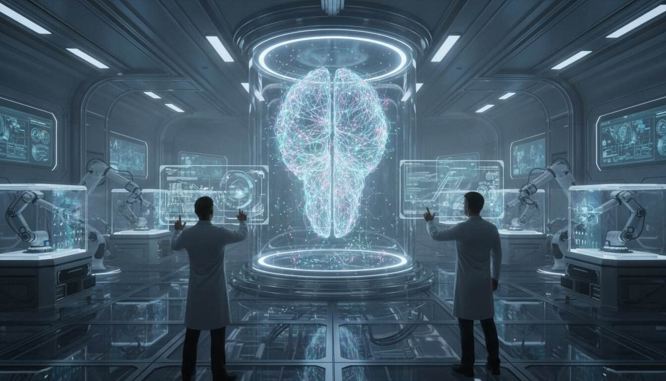 High-tech scientists analyze virtual brain hologram in advanced laboratory setting for neuroscience or AI research.