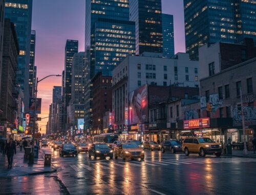 A bustling city street during sunset with high-rise buildings, illuminated signs, cars, and pedestrians, capturing the vibrant nightlife and city energy.