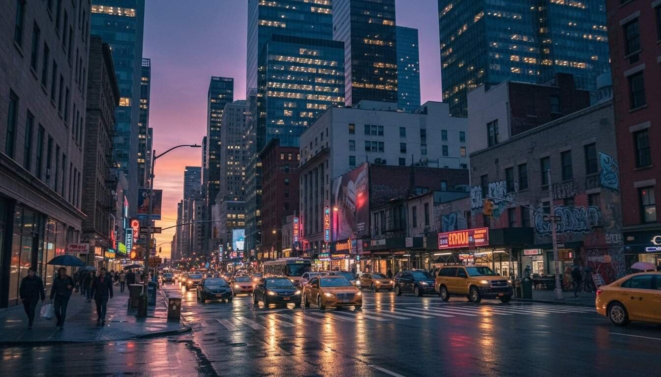 A bustling city street during sunset with high-rise buildings, illuminated signs, cars, and pedestrians, capturing the vibrant nightlife and city energy.
