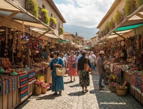 Brightly colored marketplace filled with textiles, ceramics, and handmade crafts in a scenic mountain town.