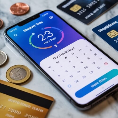 Online shopping app displayed on smartphone with credit cards and coins scattered on marble surface.