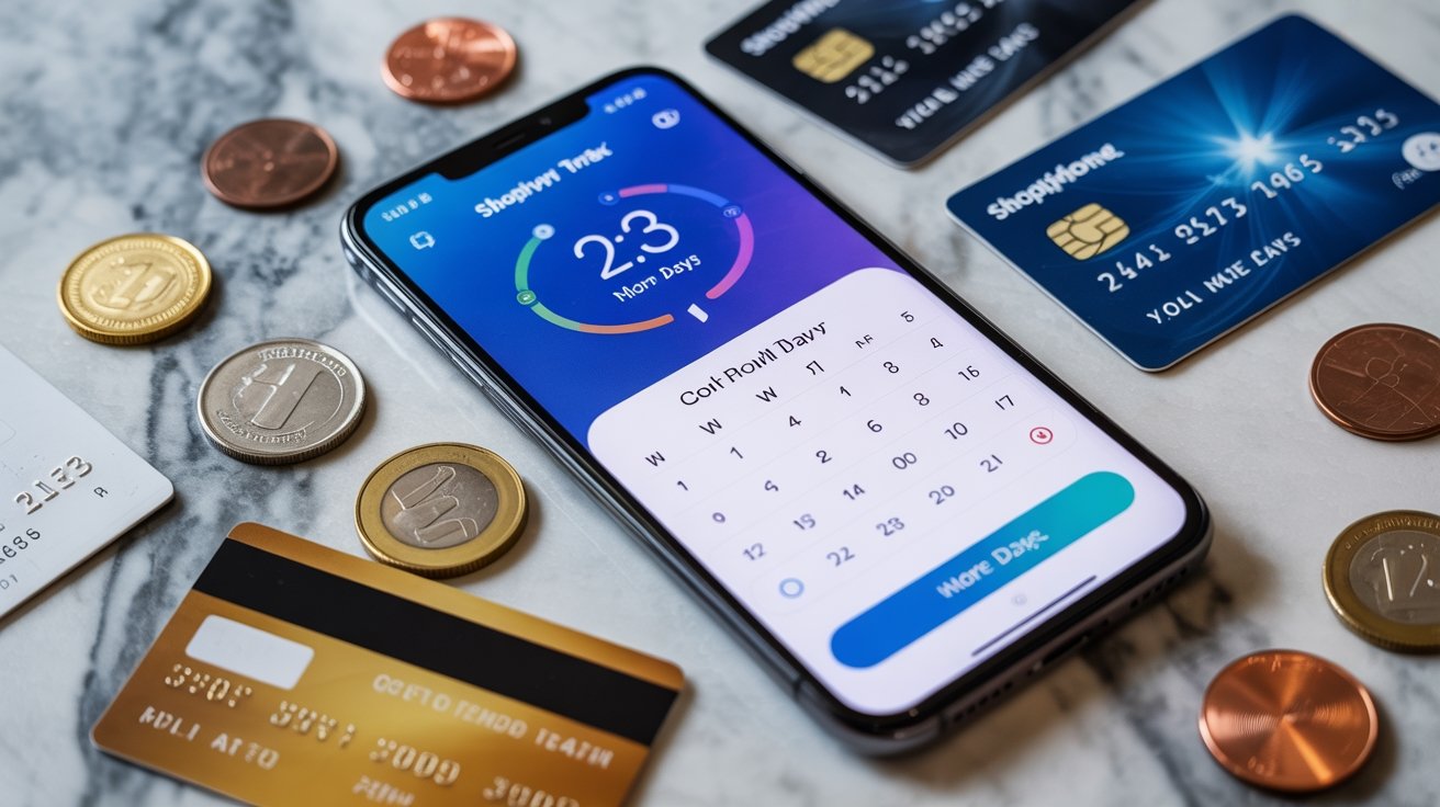 Shopify Free Trial Extension – Can You Get More Days? 1 Online shopping app displayed on smartphone with credit cards and coins scattered on marble surface.