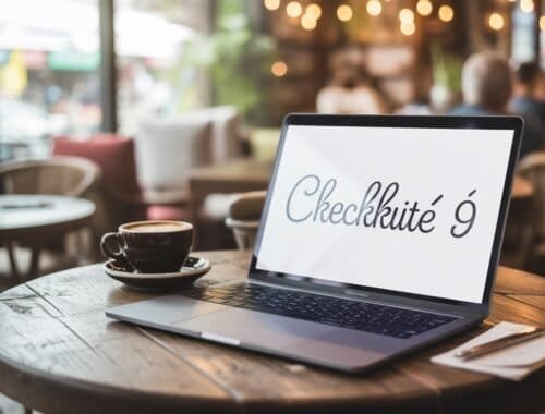 Checkkute 9 on laptop screen in cozy cafe setting with coffee cup and notepad.
