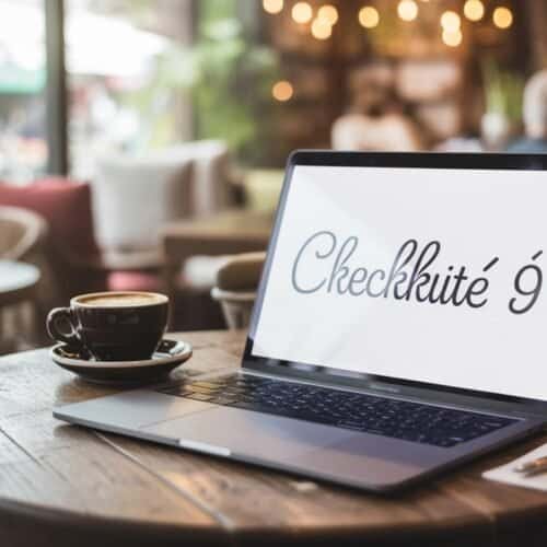 Website Checklist for Cafe 3 Checkkute 9 on laptop screen in cozy cafe setting with coffee cup and notepad.