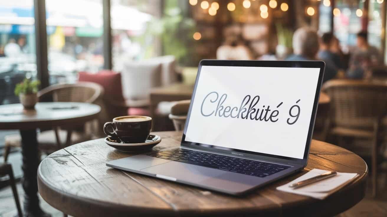 Checkkute 9 on laptop screen in cozy cafe setting with coffee cup and notepad.