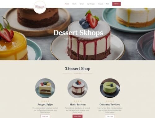 Delicious variety of colorful layered cakes with fresh fruit toppings at a dessert shop website alt text.