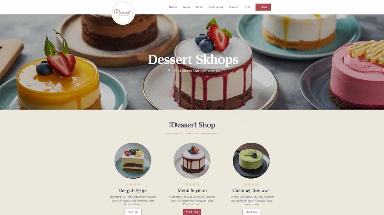 Delicious variety of colorful layered cakes with fresh fruit toppings at a dessert shop website alt text.