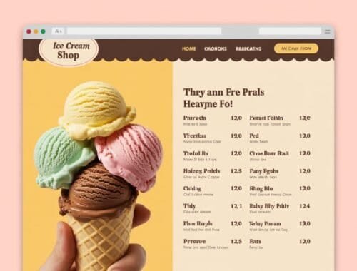 Colorful ice cream scoops in a waffle cone, with a menu for an ice cream shop on a website mockup.