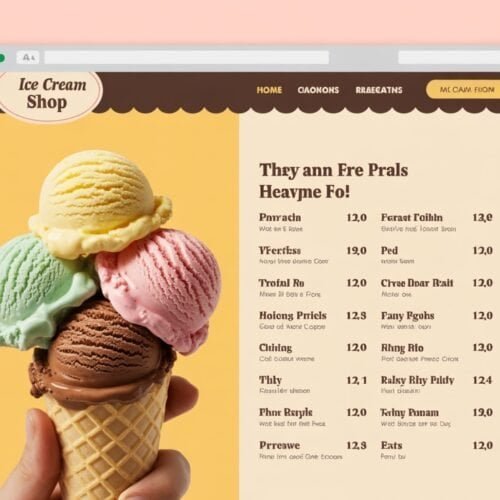 Colorful ice cream scoops in a waffle cone, with a menu for an ice cream shop on a website mockup.