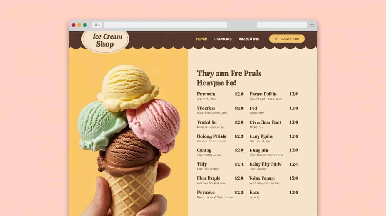 Colorful ice cream scoops in a waffle cone, with a menu for an ice cream shop on a website mockup.