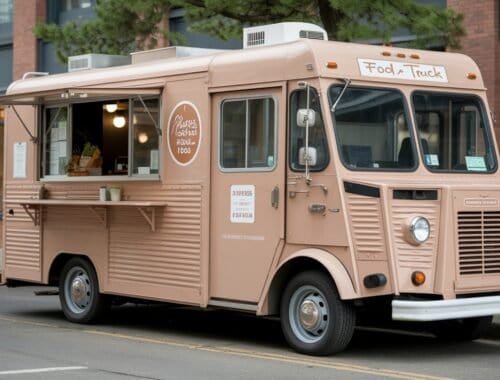 Freshly painted vintage food truck parked on city street with brick building background, serving homemade cuisine with open window for orders, charming retro design, mobile food business, outdoor dining concept.