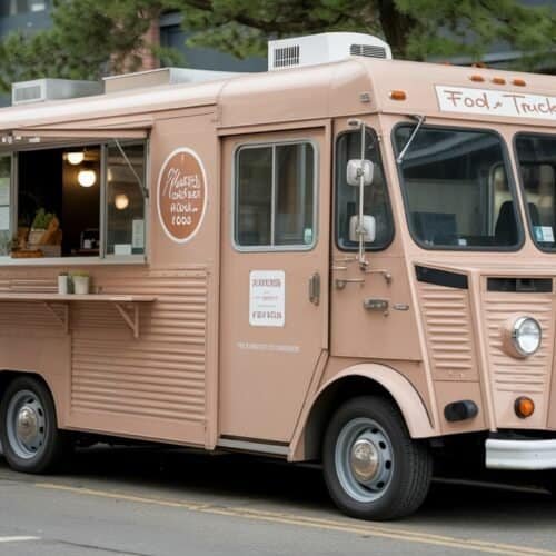 Freshly painted vintage food truck parked on city street with brick building background, serving homemade cuisine with open window for orders, charming retro design, mobile food business, outdoor dining concept.