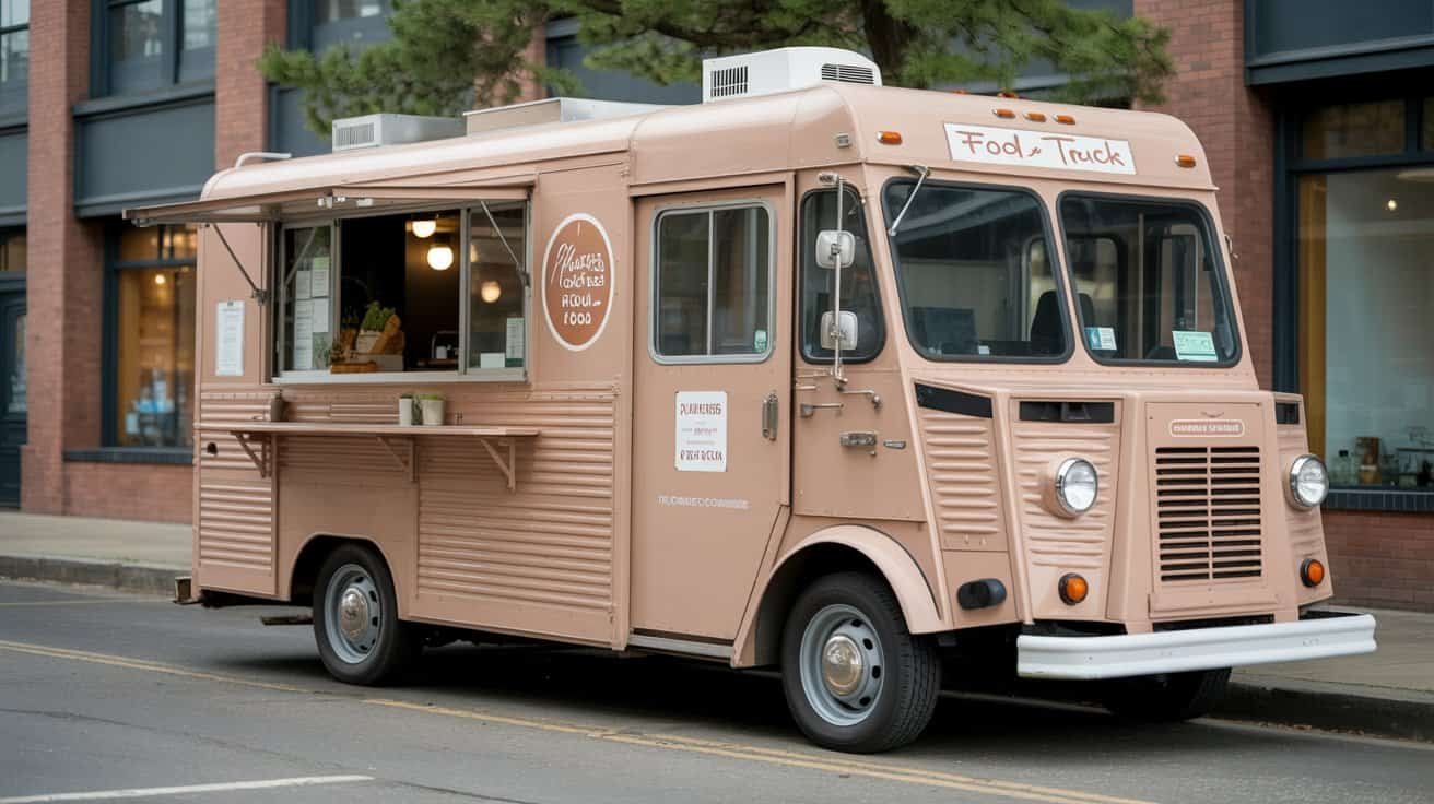Freshly painted vintage food truck parked on city street with brick building background, serving homemade cuisine with open window for orders, charming retro design, mobile food business, outdoor dining concept.