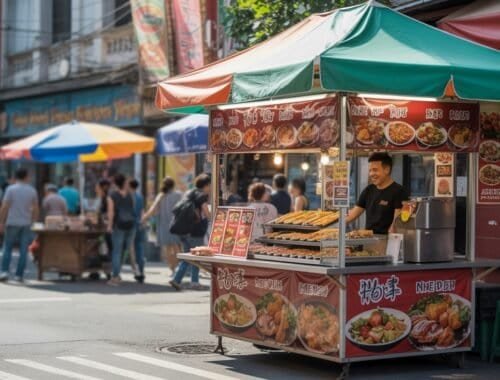 Vibrant street food stall selling grilled skewers and Asian dishes on a busy city street with pedestrians and colorful umbrellas.