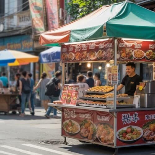 Vibrant street food stall selling grilled skewers and Asian dishes on a busy city street with pedestrians and colorful umbrellas.