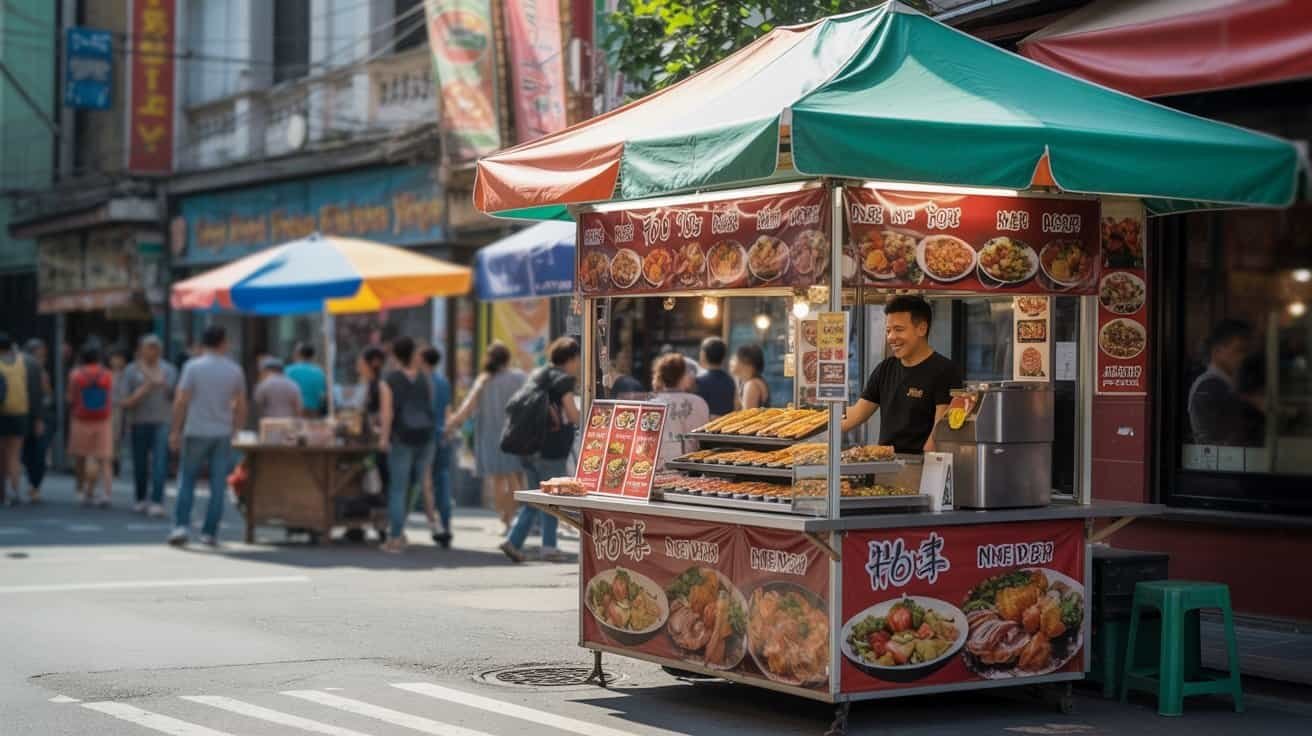 Vibrant street food stall selling grilled skewers and Asian dishes on a busy city street with pedestrians and colorful umbrellas.