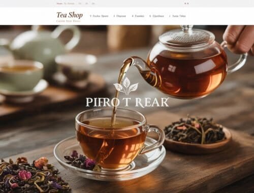 Teapot pouring tea into a glass cup on a wooden table with tea leaves around, cozy tea shop scene, warm beverage, teapot and cup, relaxed atmosphere, tea service.