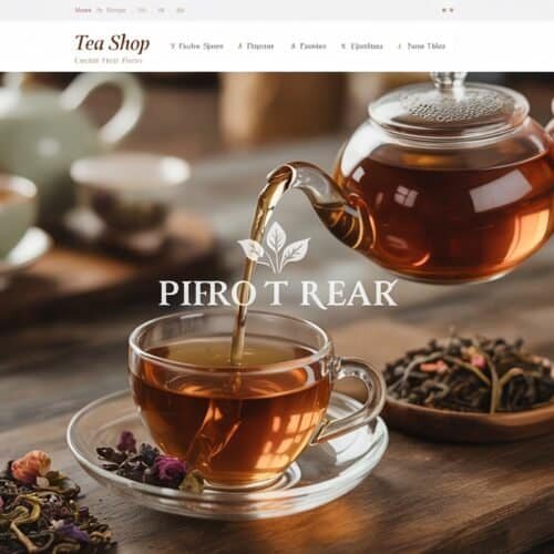 Teapot pouring tea into a glass cup on a wooden table with tea leaves around, cozy tea shop scene, warm beverage, teapot and cup, relaxed atmosphere, tea service.