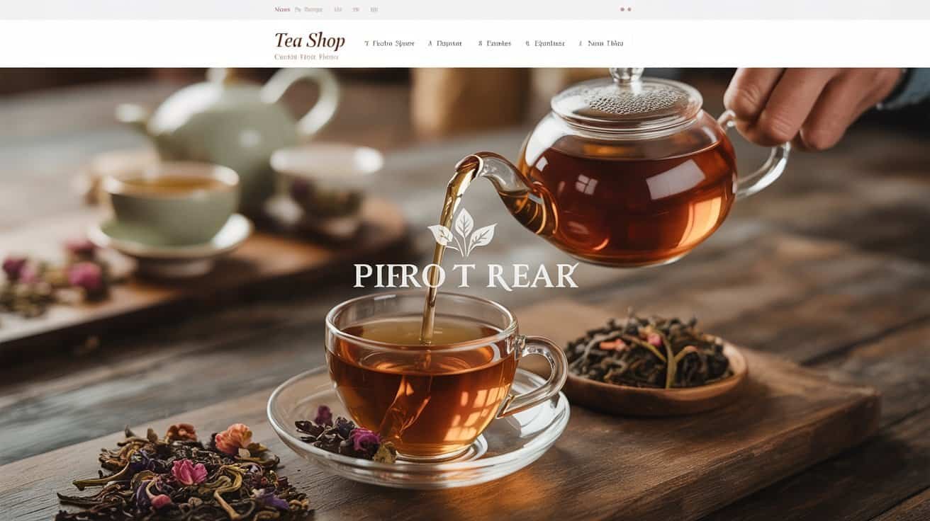 Teapot pouring tea into a glass cup on a wooden table with tea leaves around, cozy tea shop scene, warm beverage, teapot and cup, relaxed atmosphere, tea service.