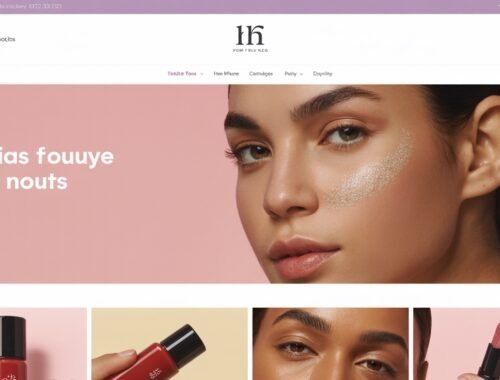 Glossy lipstick and beauty products on pink background, close-up of makeup shop display, makeup brushes, cosmetic jars, beauty, skincare, and personal care items for women and makeup lovers.