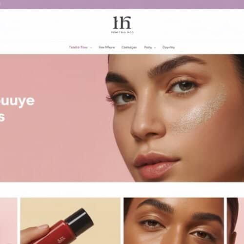 Glossy lipstick and beauty products on pink background, close-up of makeup shop display, makeup brushes, cosmetic jars, beauty, skincare, and personal care items for women and makeup lovers.