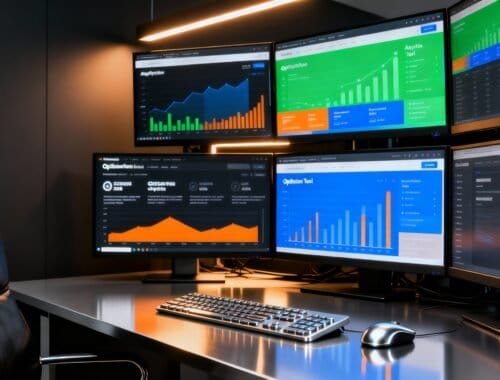 Real-time data analysis on multiple screens with colorful graphs and charts in a modern office setting.