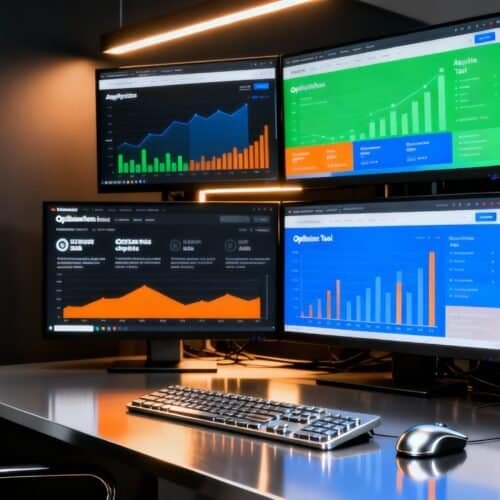 Real-time data analysis on multiple screens with colorful graphs and charts in a modern office setting.