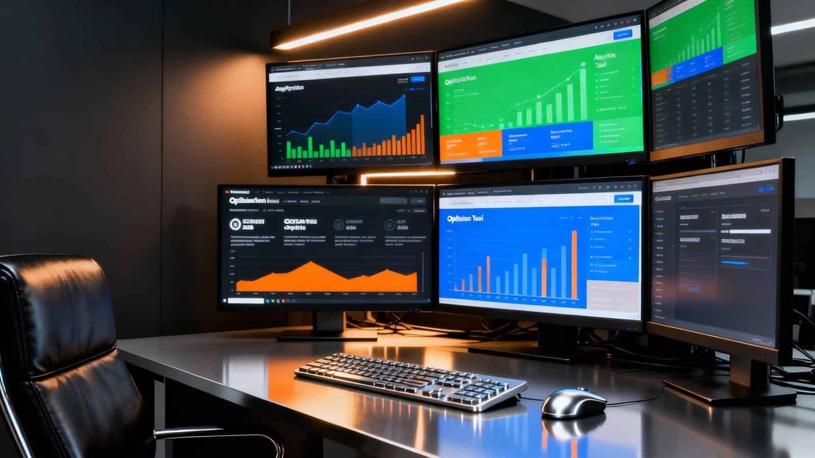 Top 10 Website Optimization Tools for Your Website 1 Real-time data analysis on multiple screens with colorful graphs and charts in a modern office setting.