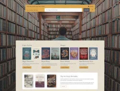 Bookshelves filled with numerous books; a person browsing a library featuring digital book recommendations and categories for different genres.