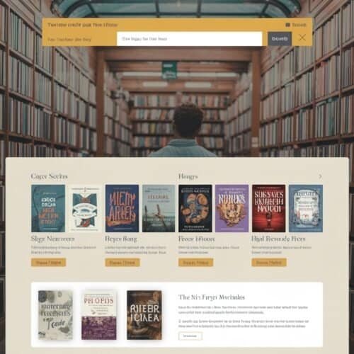 Website Checklist for Bookstore 2 Bookshelves filled with numerous books; a person browsing a library featuring digital book recommendations and categories for different genres.