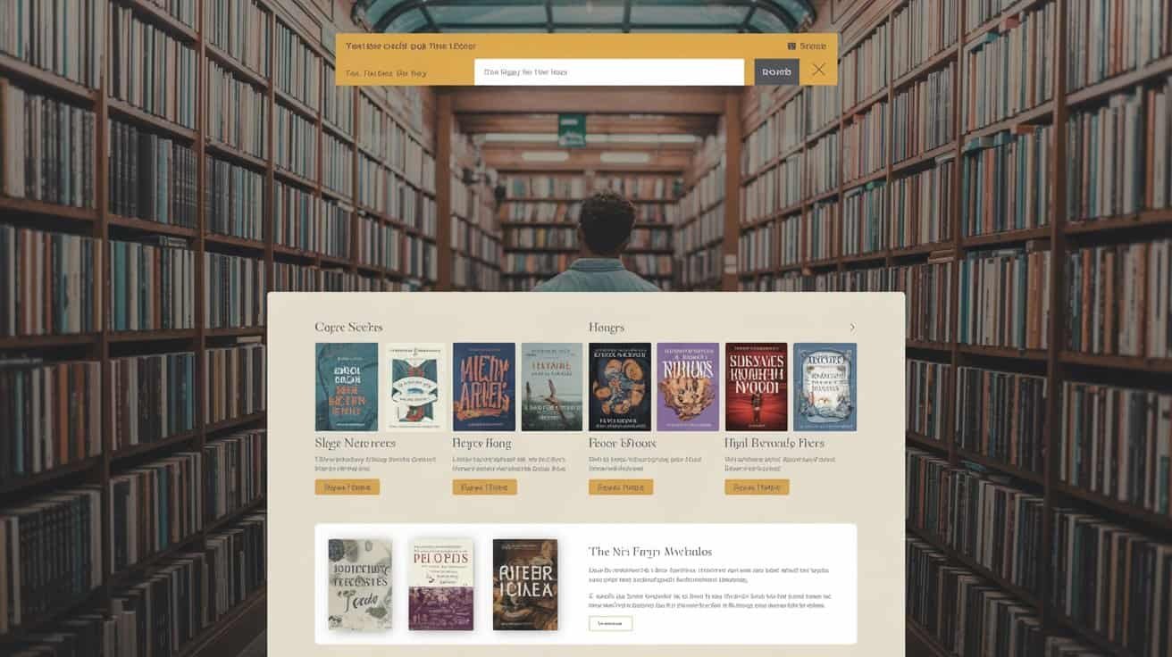 Bookshelves filled with numerous books; a person browsing a library featuring digital book recommendations and categories for different genres.