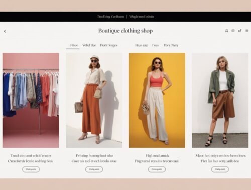Clothing shop website showcasing fashionable women's apparel including dresses, trousers, and tops on models against colorful backgrounds.
