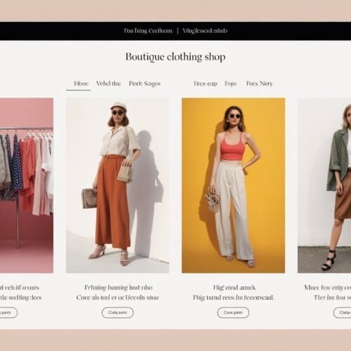 Website Checklist for Boutique Clothing Shop 8 Clothing shop website showcasing fashionable women's apparel including dresses, trousers, and tops on models against colorful backgrounds.