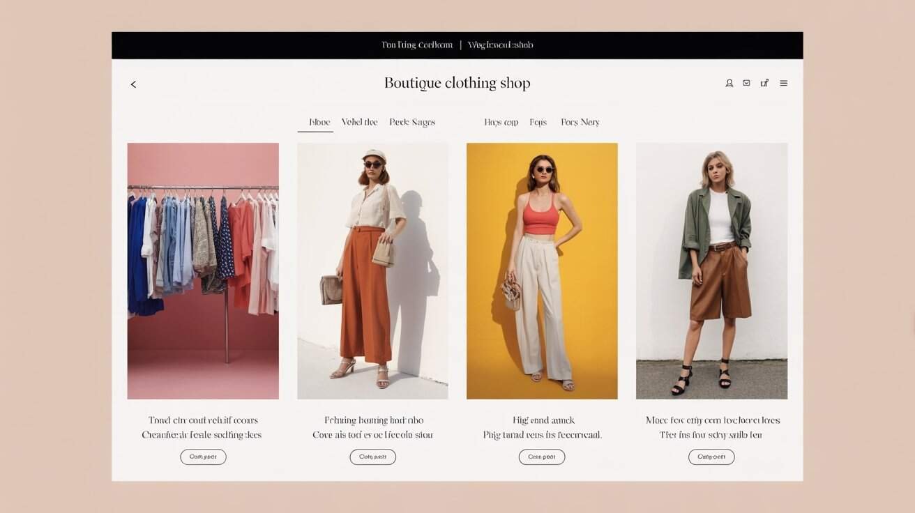 Clothing shop website showcasing fashionable women's apparel including dresses, trousers, and tops on models against colorful backgrounds.