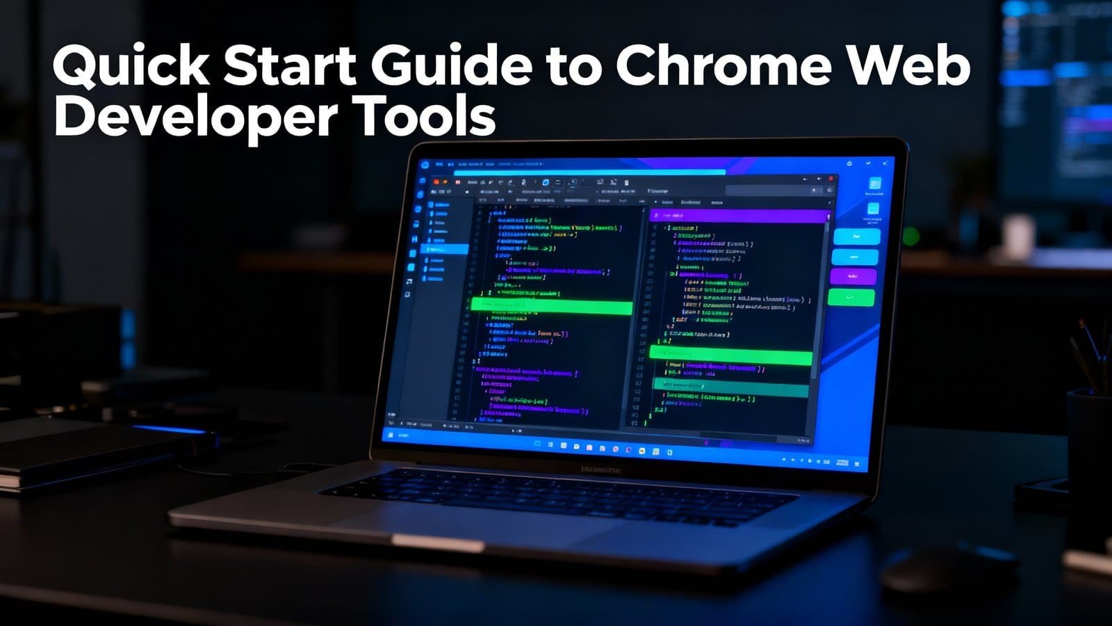 Code editing on a laptop showcasing Chrome web developer tools for website creation and troubleshooting, illuminated in a dark workspace.