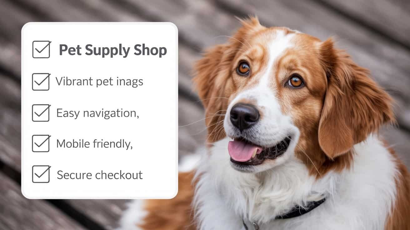 Website Checklist for Pet Supply Shop 1 Pet Supply Shop website banner showcasing vibrant pet images, easy navigation, mobile-friendly design, and secure checkout. Perfect for online pet stores and pet product retailers.