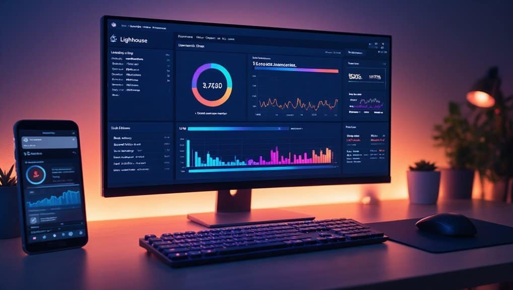 Lighthouse analytics dashboard displayed on a large monitor and smartphone, showcasing website performance metrics and data visualization tools for website optimization.