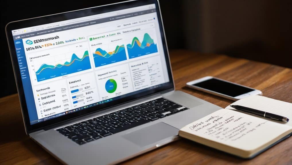 7 Best Website SEO Tools to Boost Your Rankings 2 SEO-friendly alt text: Laptop displaying website analytics with graphs and charts, on a wooden desk with a smartphone and notebook nearby.