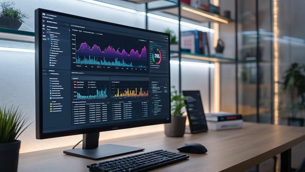 Advanced digital analytics dashboard displaying website performance metrics and data visualization on a modern office setup.