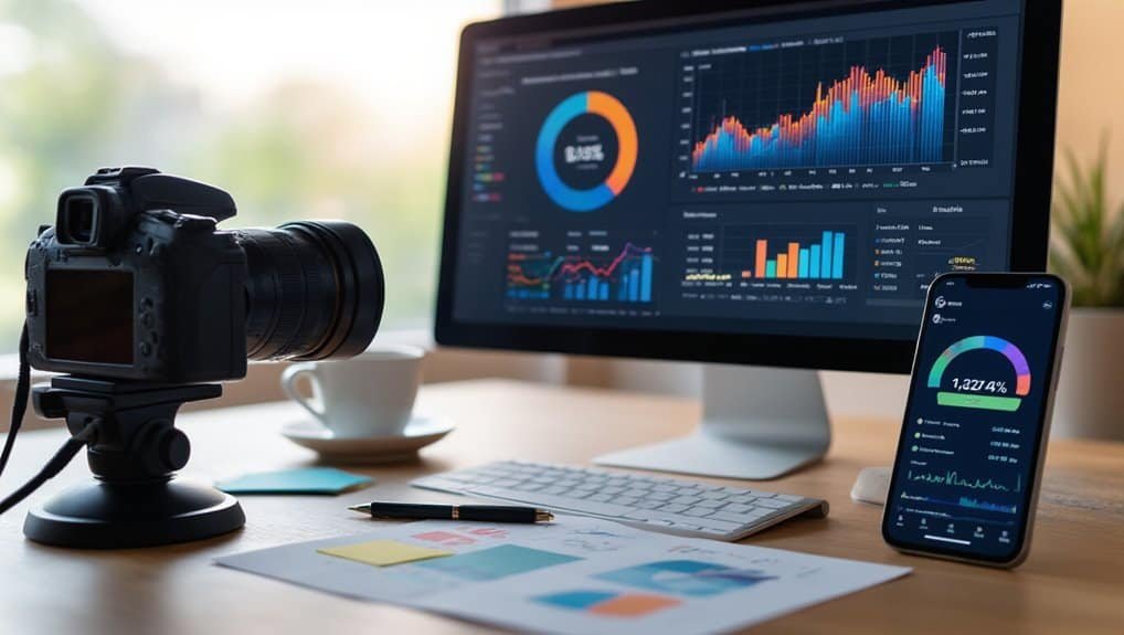 High-tech workspace with camera, computer monitor displaying analytics graphs, smartphone with performance metrics, coffee cup, and office supplies for website tools and digital marketing analysis.