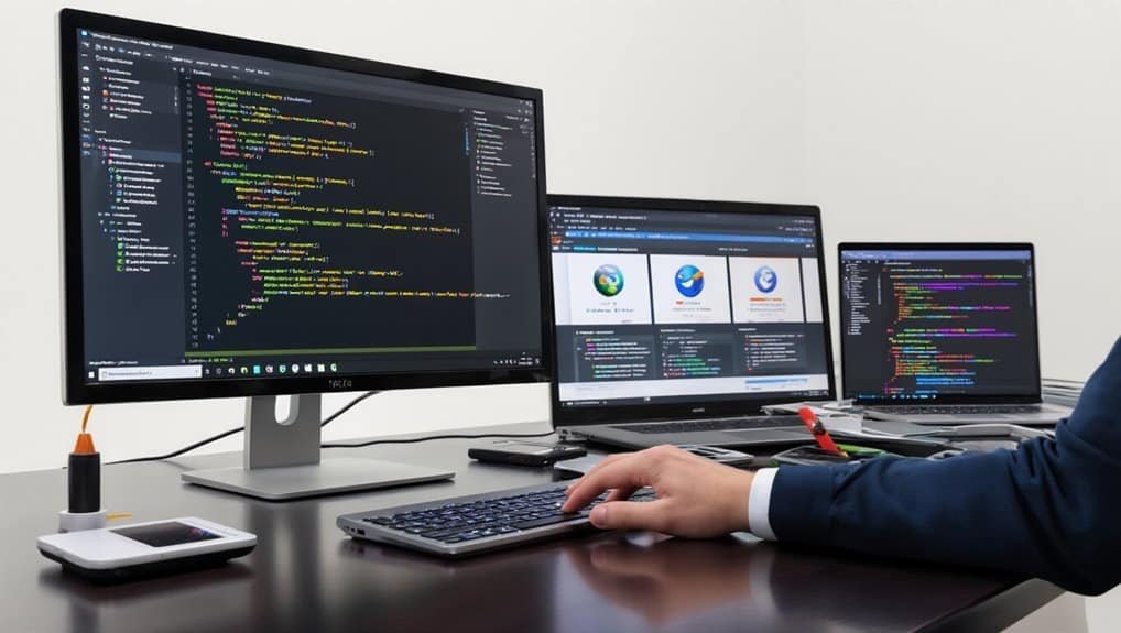 Code editing on multiple screens showing website development and programming tools.