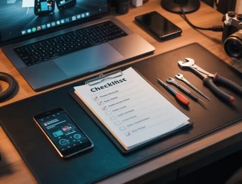 Laptop with open screen and workspace tools including a checklist and camera on wooden desk, showcasing website tools and productivity accessories.