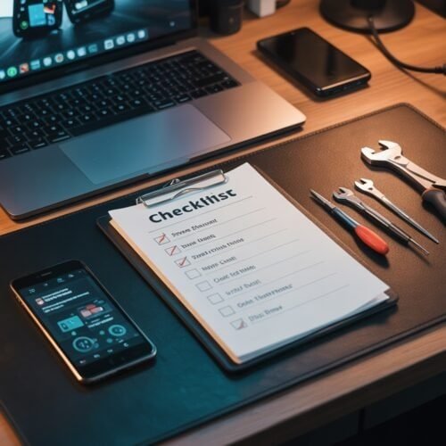 Website Checklist for Electronics Repair Shop 4 Laptop with open screen and workspace tools including a checklist and camera on wooden desk, showcasing website tools and productivity accessories.