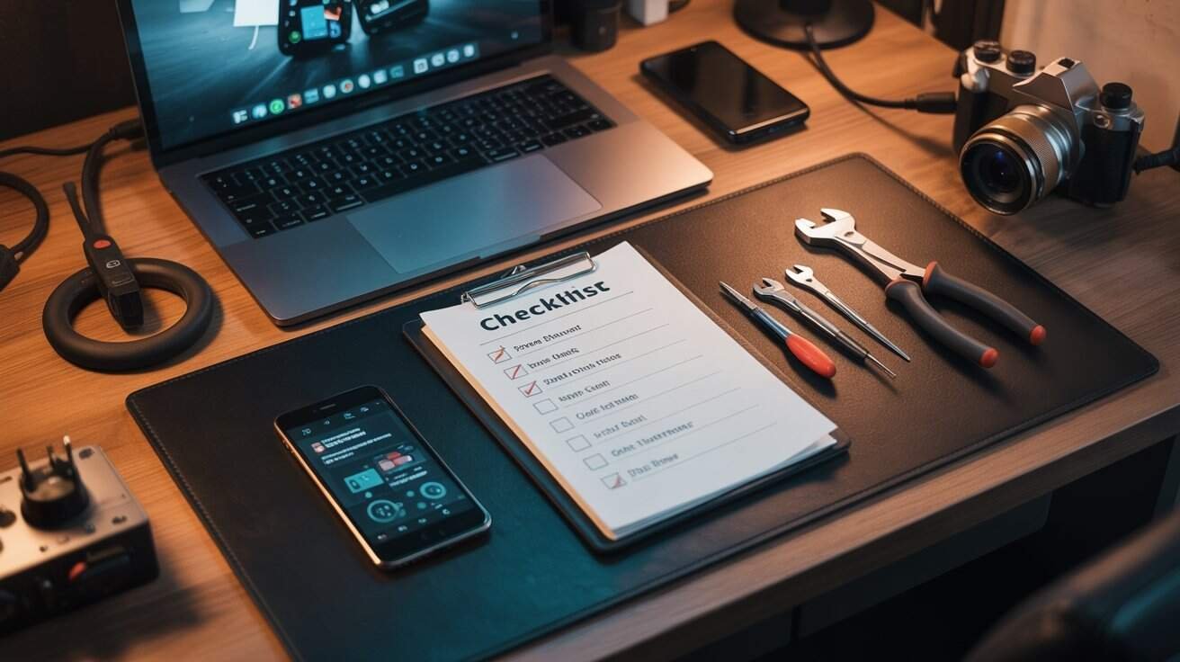 Website Checklist for Electronics Repair Shop 1 Laptop with open screen and workspace tools including a checklist and camera on wooden desk, showcasing website tools and productivity accessories.