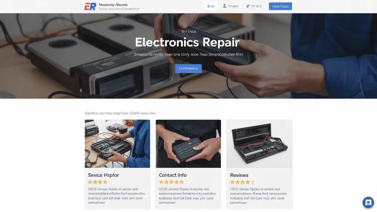 Website Checklist for Electronics Repair Services 1 Electronic repair tools and services displayed on a website homepage.